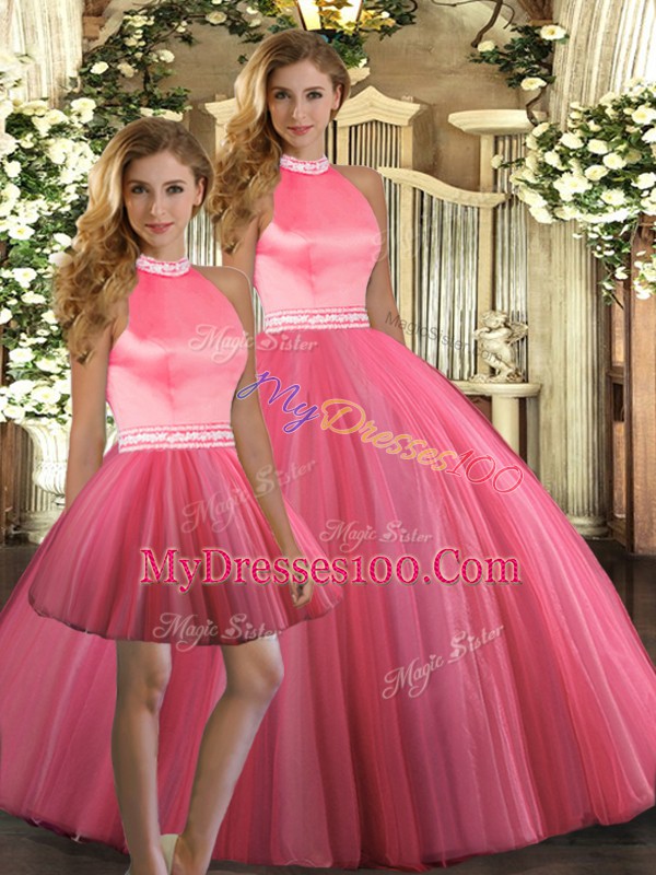 Luxury Coral Red Ball Gowns Beading Ball Gown Prom Dress Backless Tulle Sleeveless Floor Length