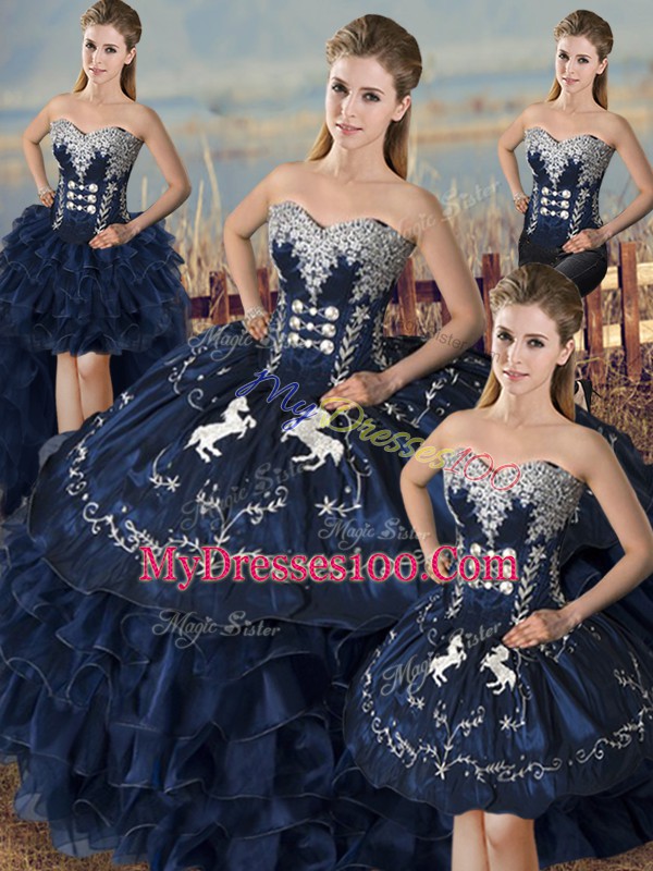 Chic Navy Blue Satin and Organza Lace Up Sweetheart Sleeveless Floor Length Quinceanera Gowns Embroidery and Ruffles