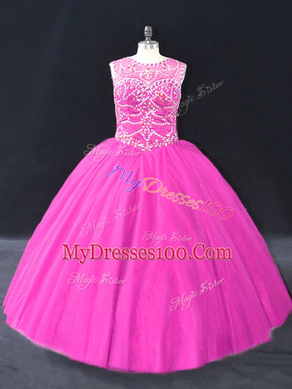 Romantic Floor Length Fuchsia Quince Ball Gowns Tulle Sleeveless Beading