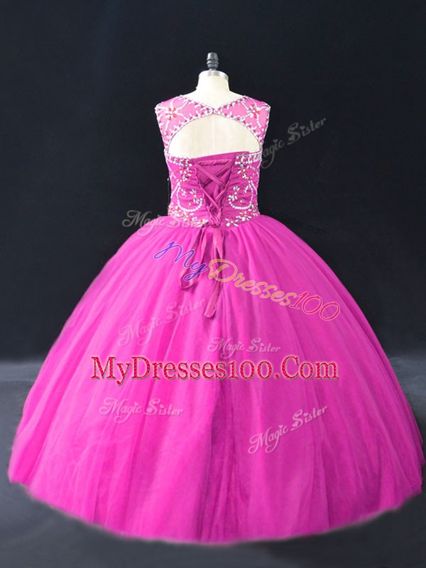 Romantic Floor Length Fuchsia Quince Ball Gowns Tulle Sleeveless Beading