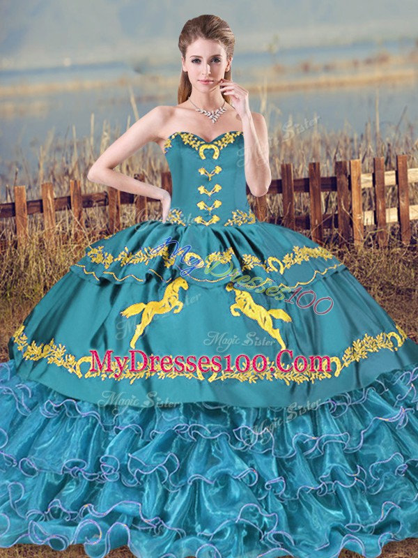 Blue Lace Up Sweet 16 Quinceanera Dress Embroidery and Ruffles Sleeveless Floor Length Brush Train