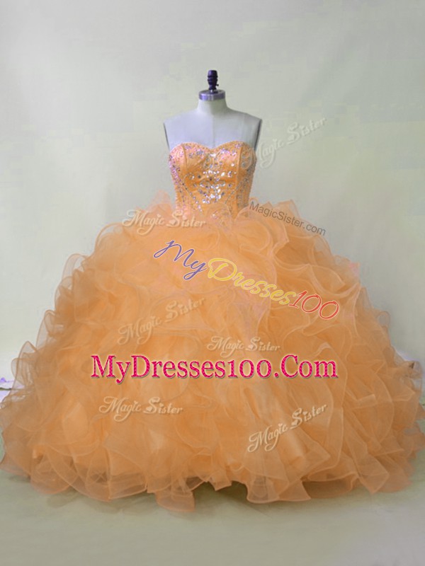 Organza Sweetheart Sleeveless Lace Up Beading and Ruffles Sweet 16 Dresses in Orange
