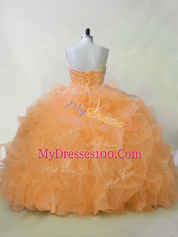 Organza Sweetheart Sleeveless Lace Up Beading and Ruffles Sweet 16 Dresses in Orange