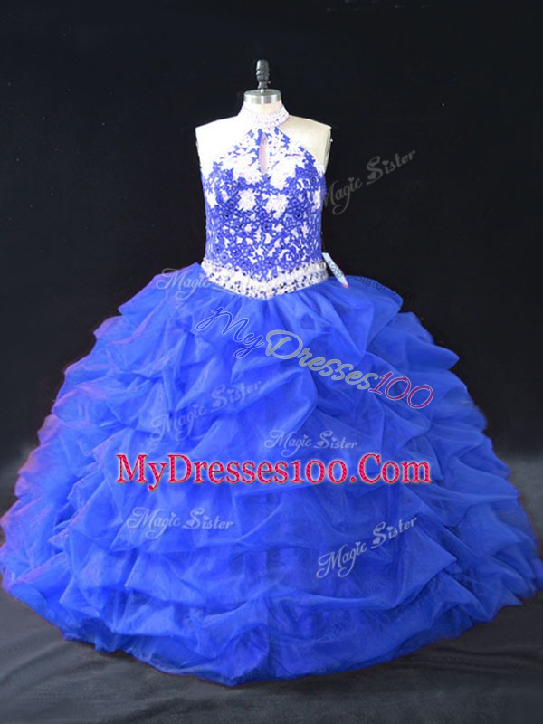 Cheap Floor Length Blue Quinceanera Dresses Halter Top Sleeveless Backless