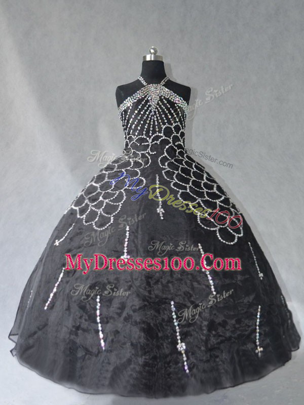Black Halter Top Neckline Beading Sweet 16 Quinceanera Dress Sleeveless Lace Up