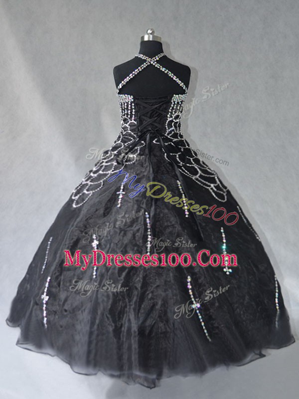 Black Halter Top Neckline Beading Sweet 16 Quinceanera Dress Sleeveless Lace Up