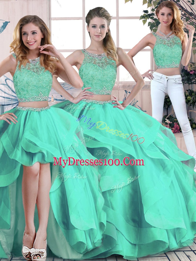 Customized Three Pieces Ball Gown Prom Dress Turquoise Scoop Tulle Sleeveless Floor Length Zipper