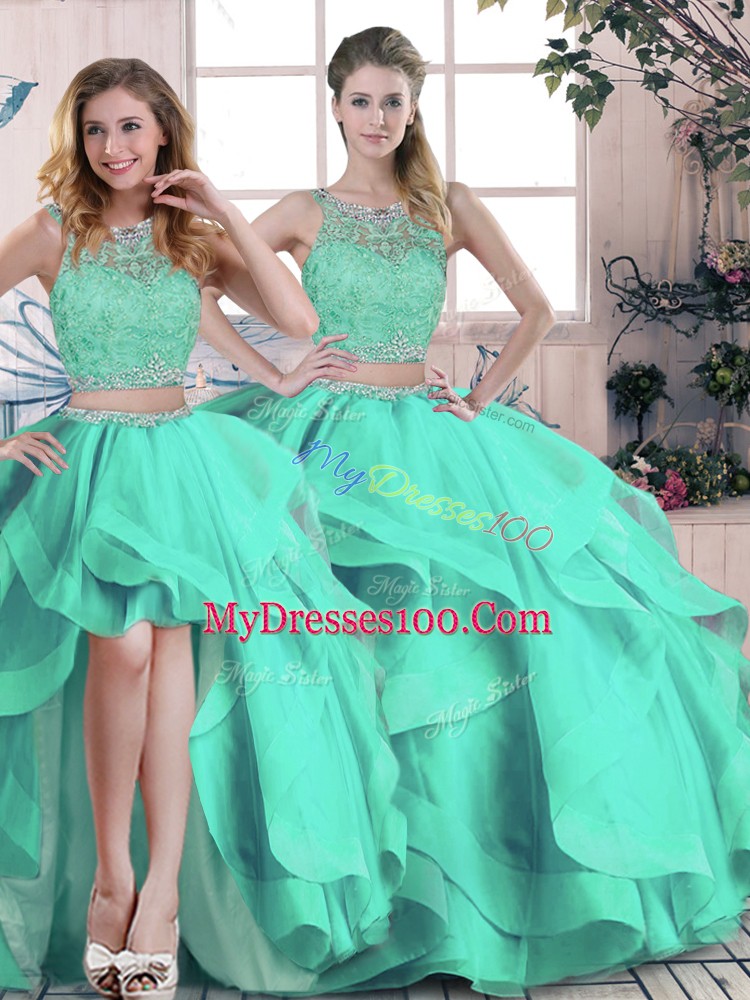 Customized Three Pieces Ball Gown Prom Dress Turquoise Scoop Tulle Sleeveless Floor Length Zipper