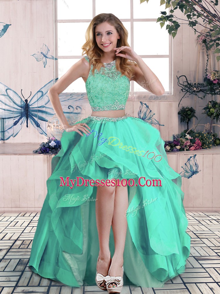 Customized Three Pieces Ball Gown Prom Dress Turquoise Scoop Tulle Sleeveless Floor Length Zipper