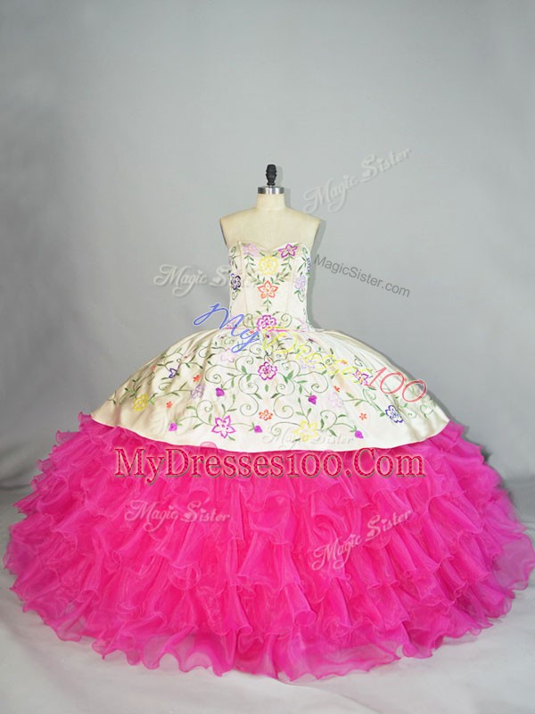 Classical Fuchsia Lace Up 15th Birthday Dress Embroidery Sleeveless Floor Length