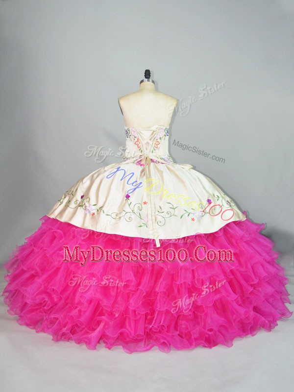 Classical Fuchsia Lace Up 15th Birthday Dress Embroidery Sleeveless Floor Length