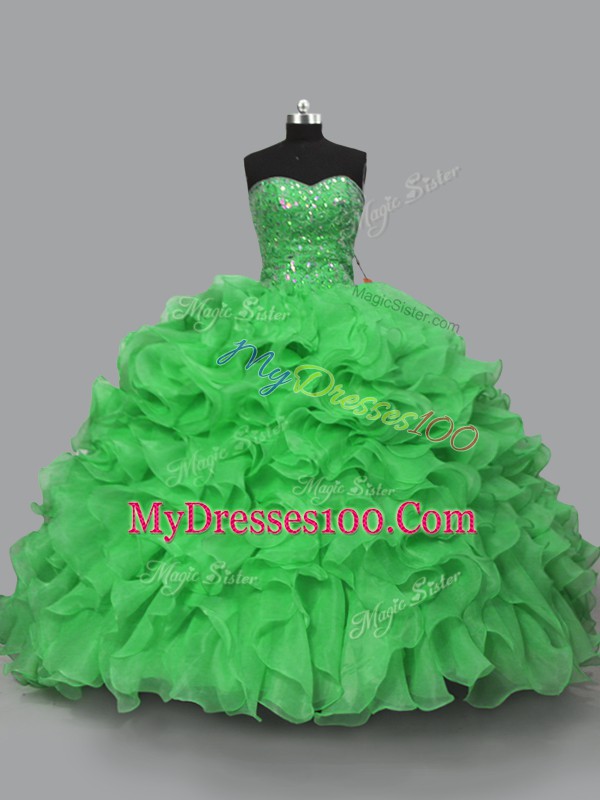 Cute Green Sweetheart Neckline Beading and Ruffles Vestidos de Quinceanera Sleeveless Lace Up