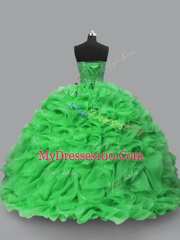 Cute Green Sweetheart Neckline Beading and Ruffles Vestidos de Quinceanera Sleeveless Lace Up