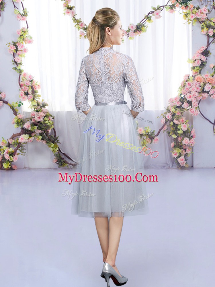 Grey Zipper Court Dresses for Sweet 16 Lace and Belt Half Sleeves Tea Length