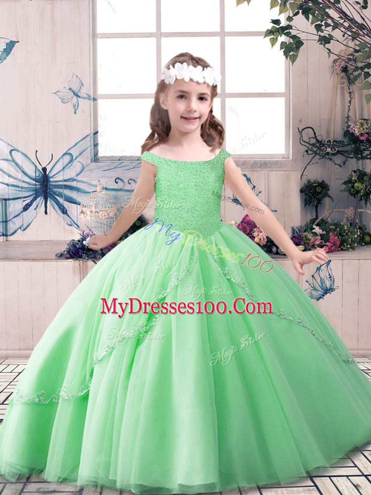 Best Tulle Sleeveless Floor Length Pageant Dress for Teens and Beading
