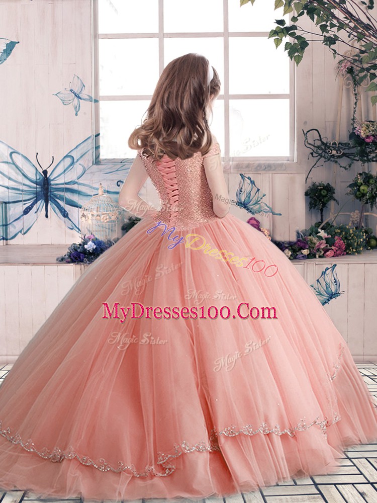 Best Tulle Sleeveless Floor Length Pageant Dress for Teens and Beading