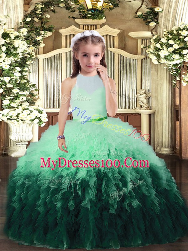 Multi-color Tulle Backless High-neck Sleeveless Floor Length Pageant Dress for Teens Ruffles