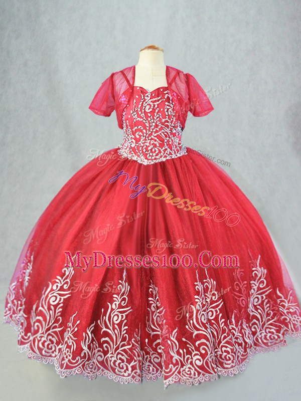 Red Spaghetti Straps Lace Up Beading and Embroidery Little Girls Pageant Gowns Sleeveless