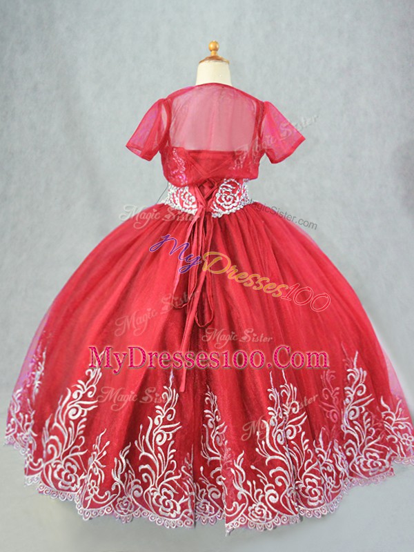 Red Spaghetti Straps Lace Up Beading and Embroidery Little Girls Pageant Gowns Sleeveless