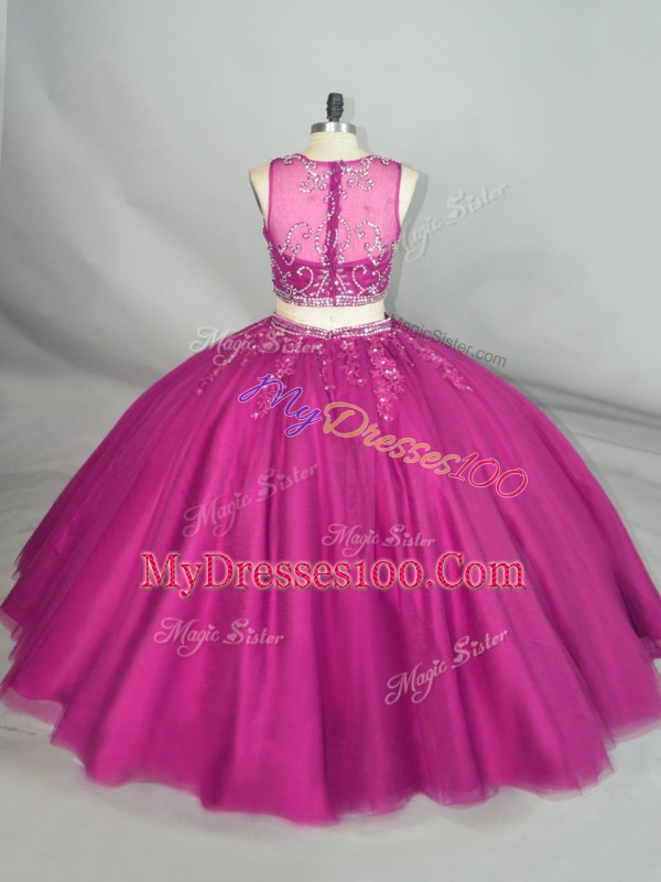 Discount Fuchsia Zipper Scoop Beading Vestidos de Quinceanera Tulle Sleeveless