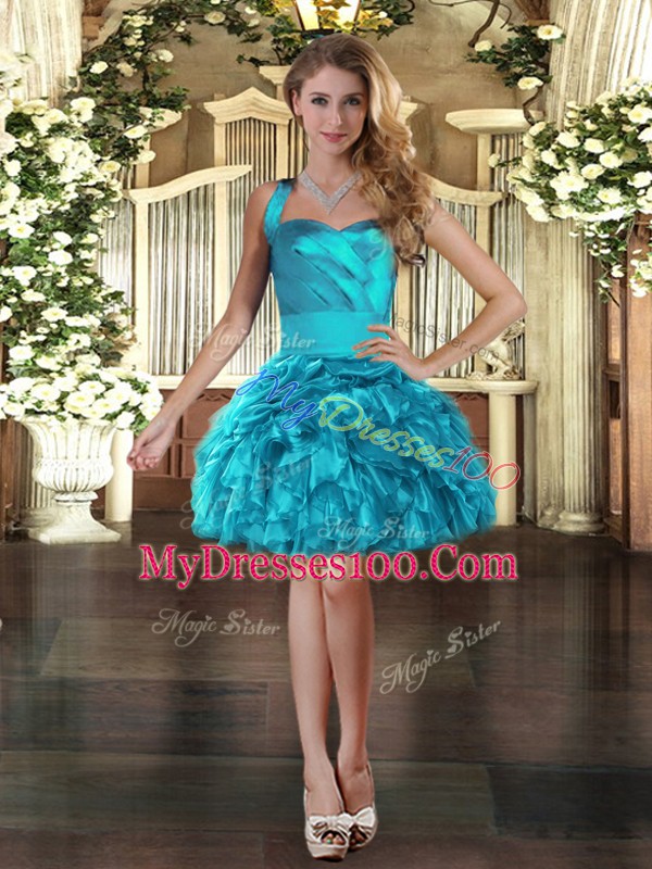 Noble Turquoise Organza Lace Up Junior Homecoming Dress Sleeveless Mini Length Ruffles