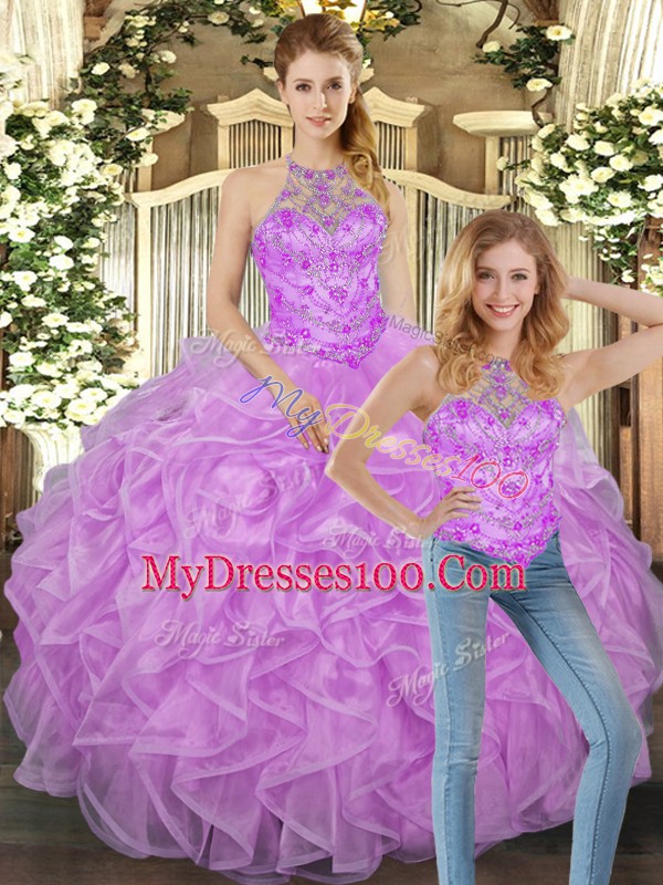 Perfect Floor Length Lace Up Sweet 16 Dresses Lilac for Military Ball and Sweet 16 and Quinceanera with Beading and Ruffles