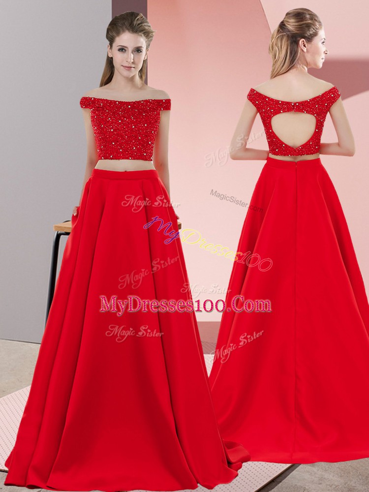 Red Prom Dress Off The Shoulder Sleeveless Sweep Train Backless