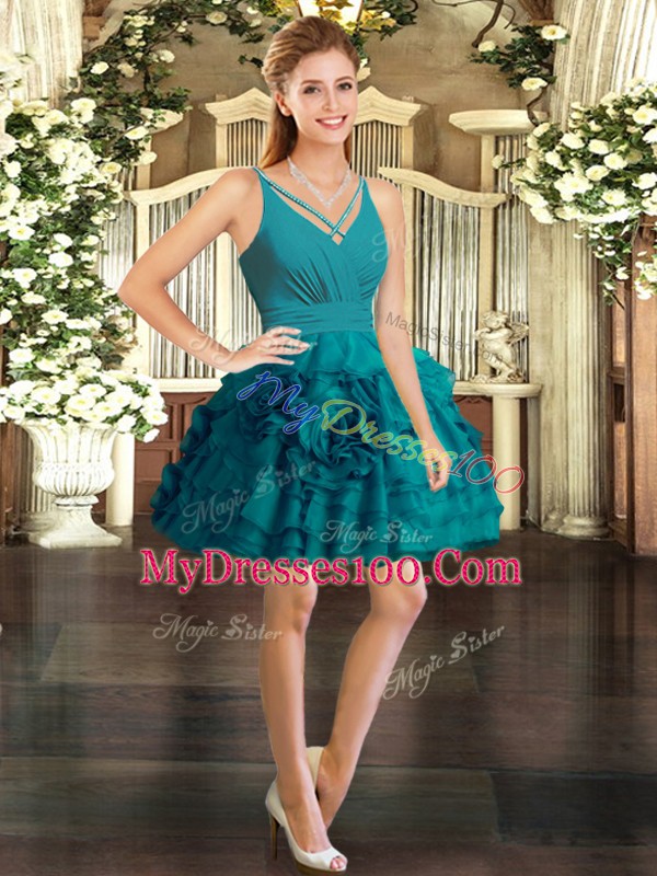 Cute Teal Ball Gowns V-neck Sleeveless Organza Mini Length Backless Ruffles Homecoming Dress
