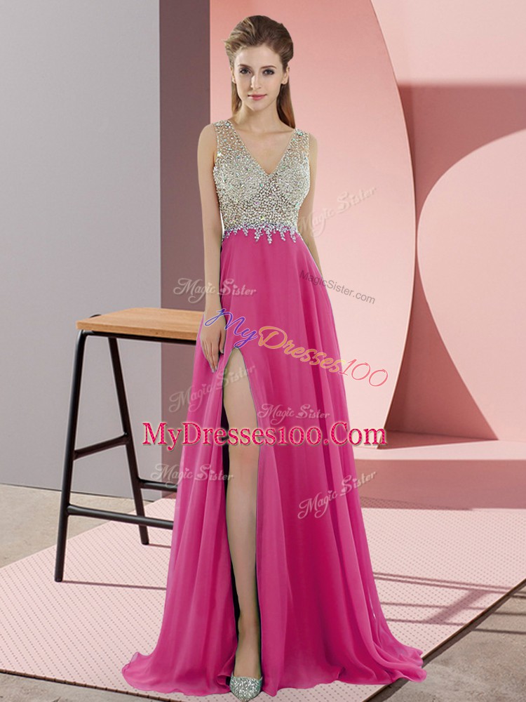 Custom Designed Hot Pink Sleeveless Beading Zipper Prom Dress