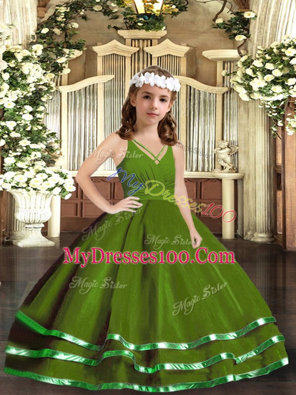 Nice Ruffled Layers Kids Formal Wear Green Zipper Sleeveless Floor Length