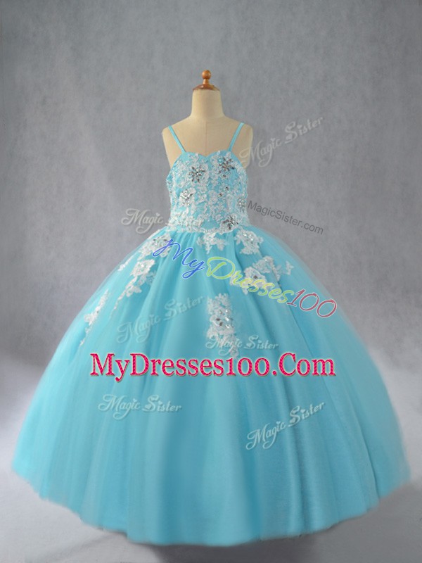 Tulle Spaghetti Straps Sleeveless Lace Up Beading and Appliques Pageant Dress for Teens in Aqua Blue