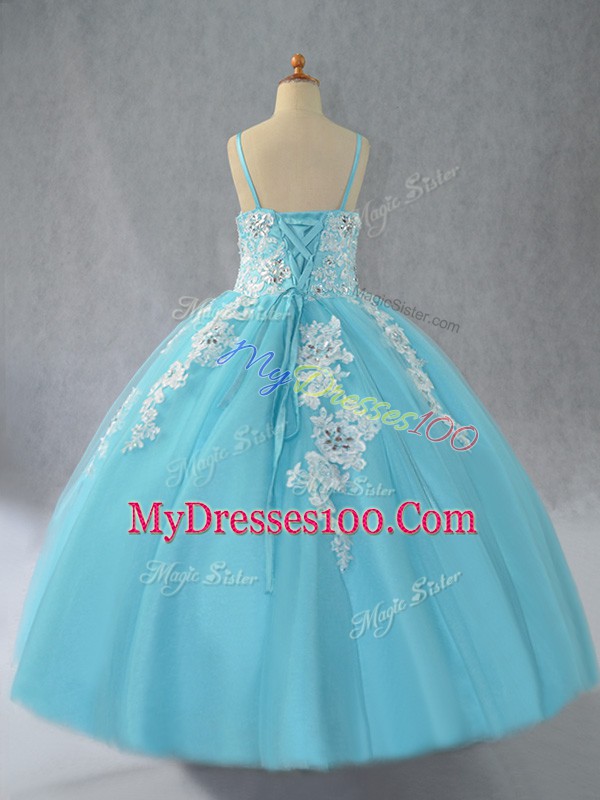 Tulle Spaghetti Straps Sleeveless Lace Up Beading and Appliques Pageant Dress for Teens in Aqua Blue