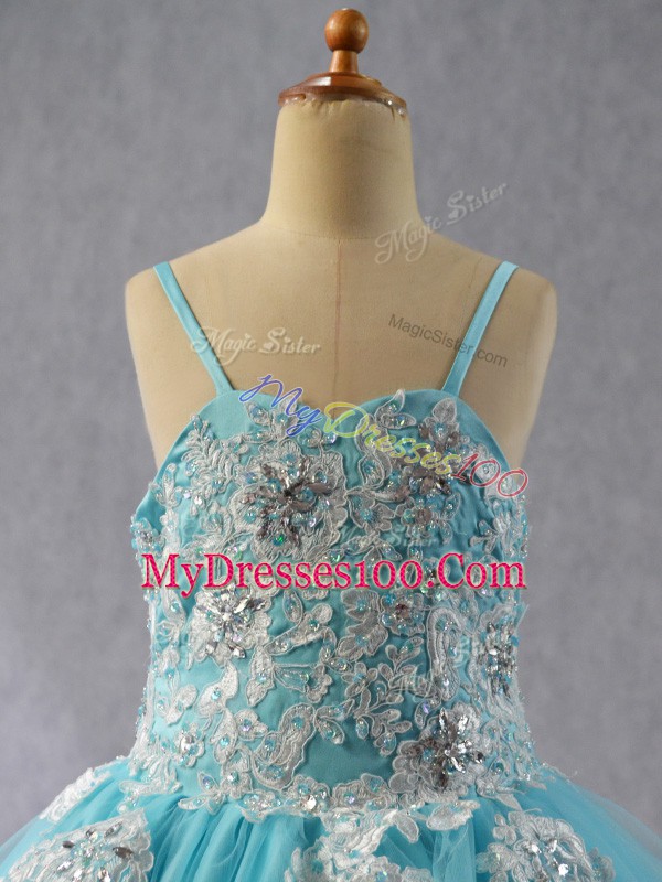 Tulle Spaghetti Straps Sleeveless Lace Up Beading and Appliques Pageant Dress for Teens in Aqua Blue
