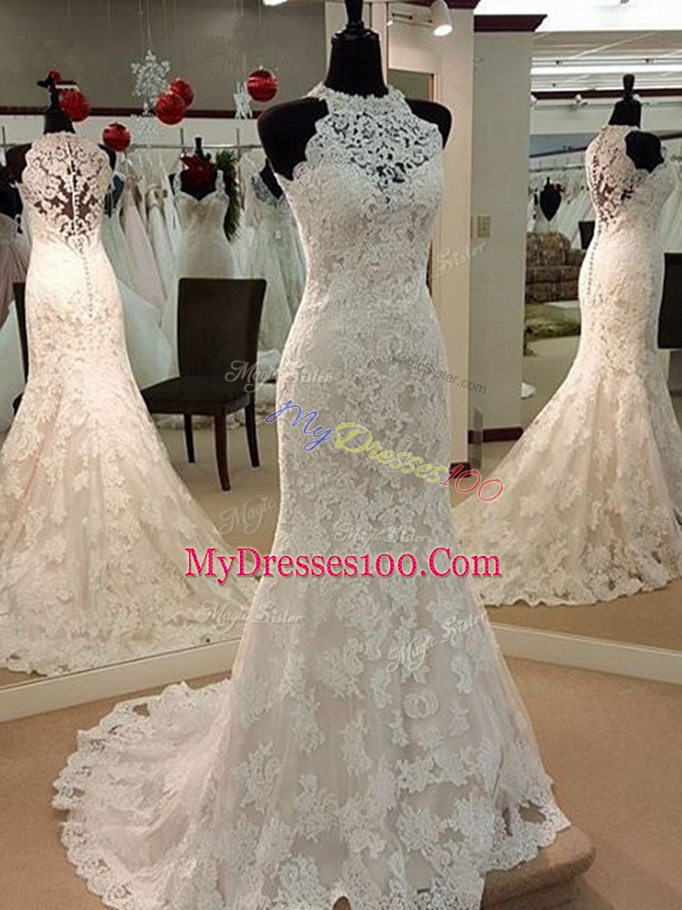 Mermaid Sleeveless White Wedding Dress Brush Train Clasp Handle