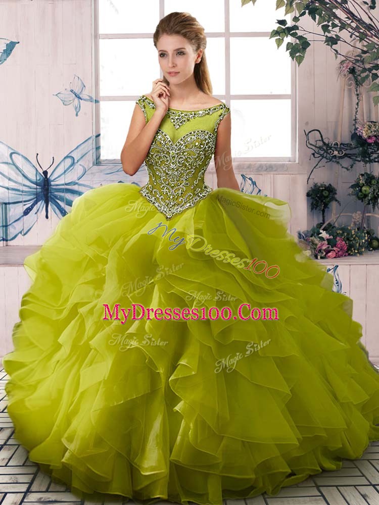 Traditional Olive Green Ball Gowns Scoop Sleeveless Organza Floor Length Zipper Beading and Ruffles Quinceanera Gown