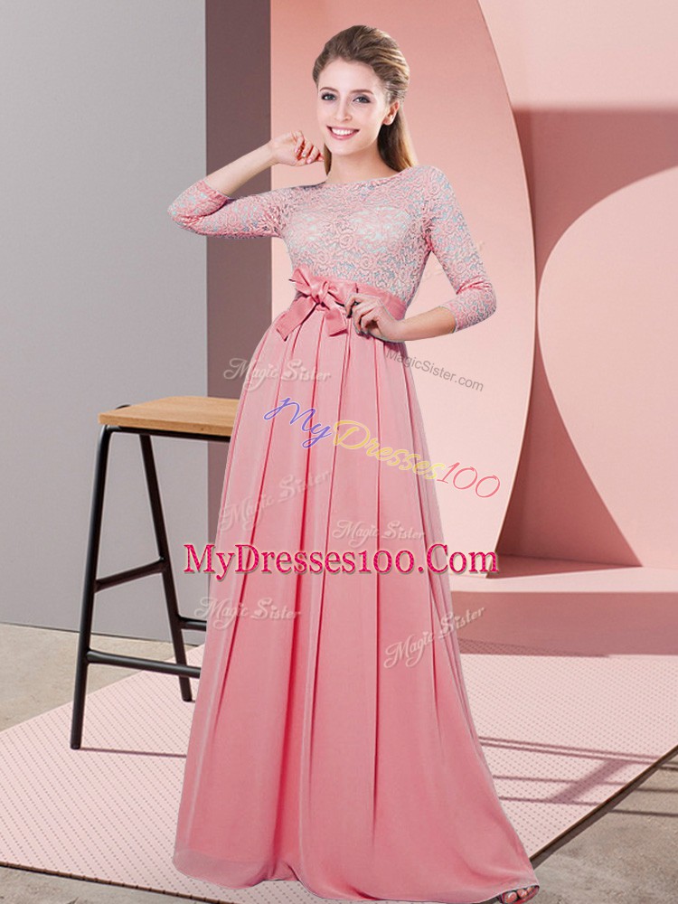 Glittering Watermelon Red Empire Scoop 3 4 Length Sleeve Chiffon Floor Length Side Zipper Lace and Belt Court Dresses for Sweet 16