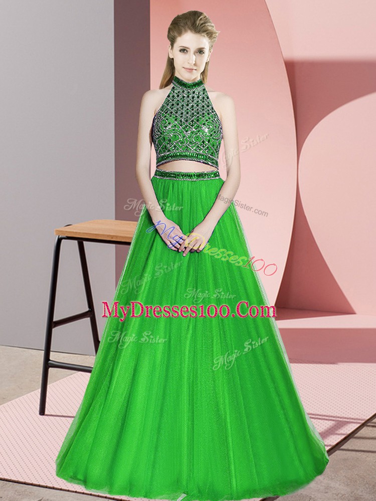 Green Chiffon Backless Homecoming Dress Sleeveless Floor Length Beading