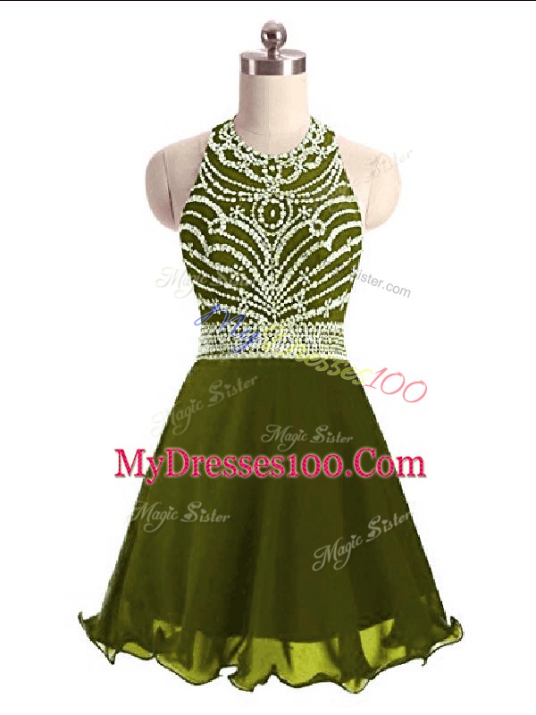 Comfortable Halter Top Sleeveless Cocktail Dresses Mini Length Beading Olive Green Chiffon