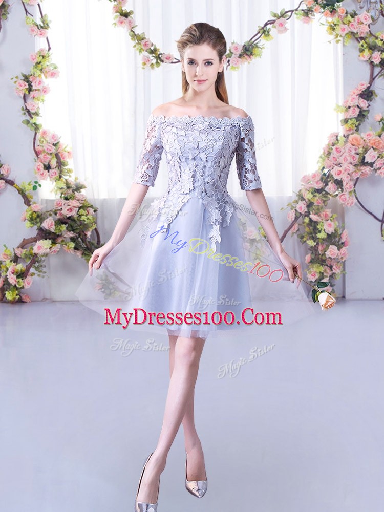 Mini Length Lace Up Bridesmaid Gown Grey for Wedding Party with Lace