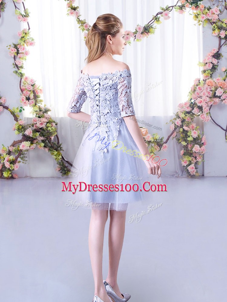 Mini Length Lace Up Bridesmaid Gown Grey for Wedding Party with Lace