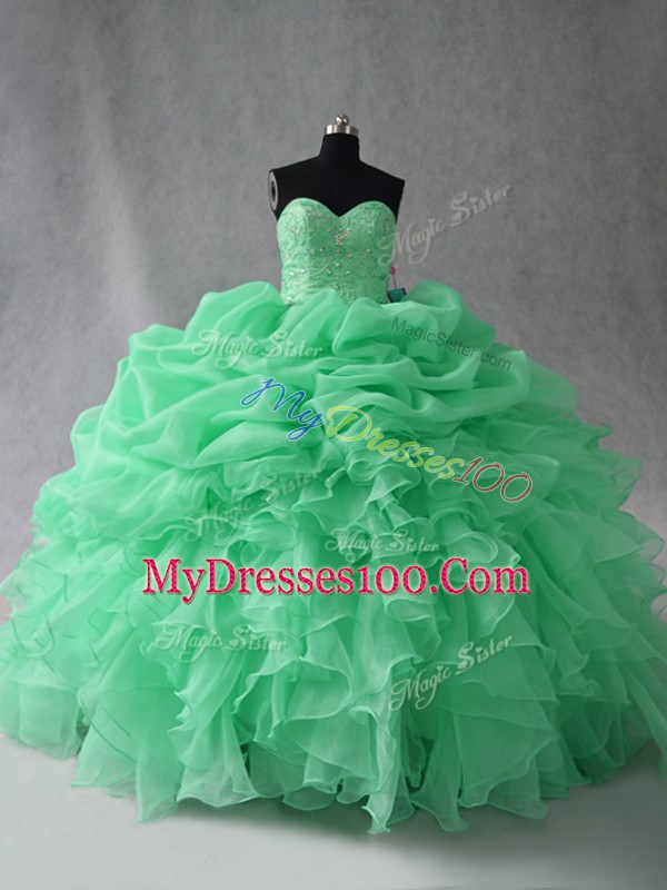 Lovely Apple Green Ball Gowns Organza Scoop Sleeveless Beading and Ruffles and Pick Ups Floor Length Lace Up Vestidos de Quinceanera