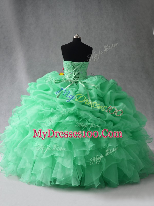 Lovely Apple Green Ball Gowns Organza Scoop Sleeveless Beading and Ruffles and Pick Ups Floor Length Lace Up Vestidos de Quinceanera