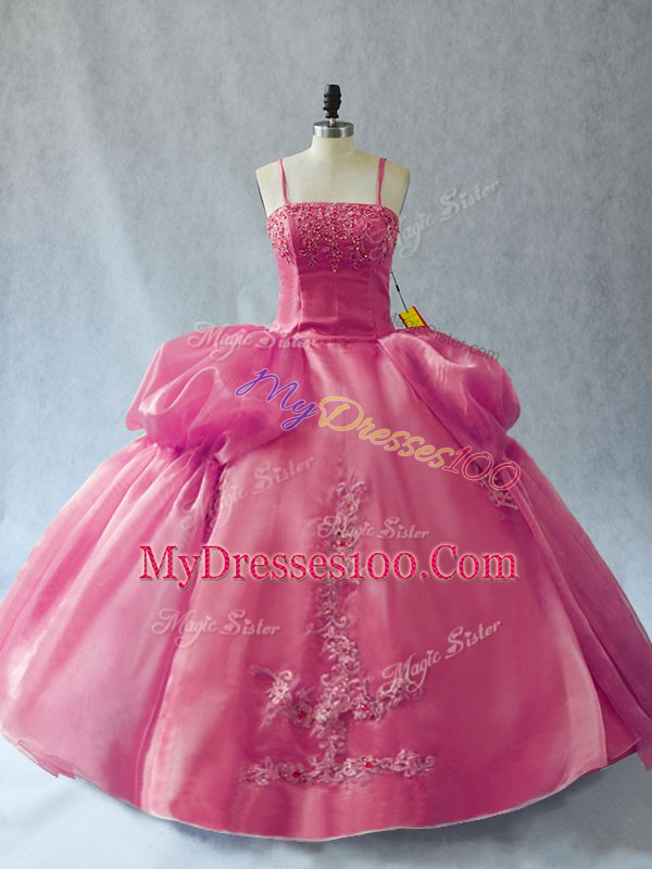 Floor Length Lace Up Vestidos de Quinceanera Pink for Sweet 16 and Quinceanera with Appliques