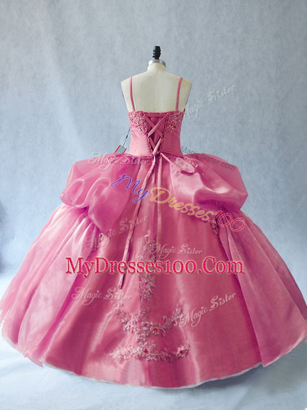 Floor Length Lace Up Vestidos de Quinceanera Pink for Sweet 16 and Quinceanera with Appliques