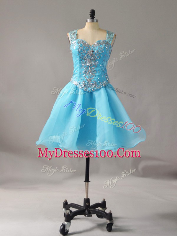 Aqua Blue Sleeveless Mini Length Beading Zipper