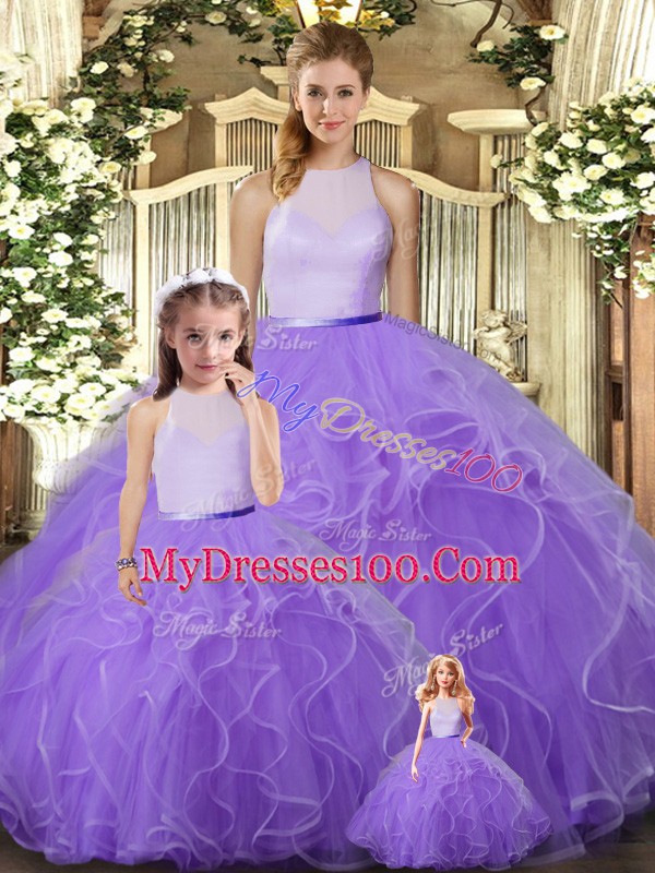 Lavender Backless Quinceanera Gowns Ruffles Sleeveless Floor Length