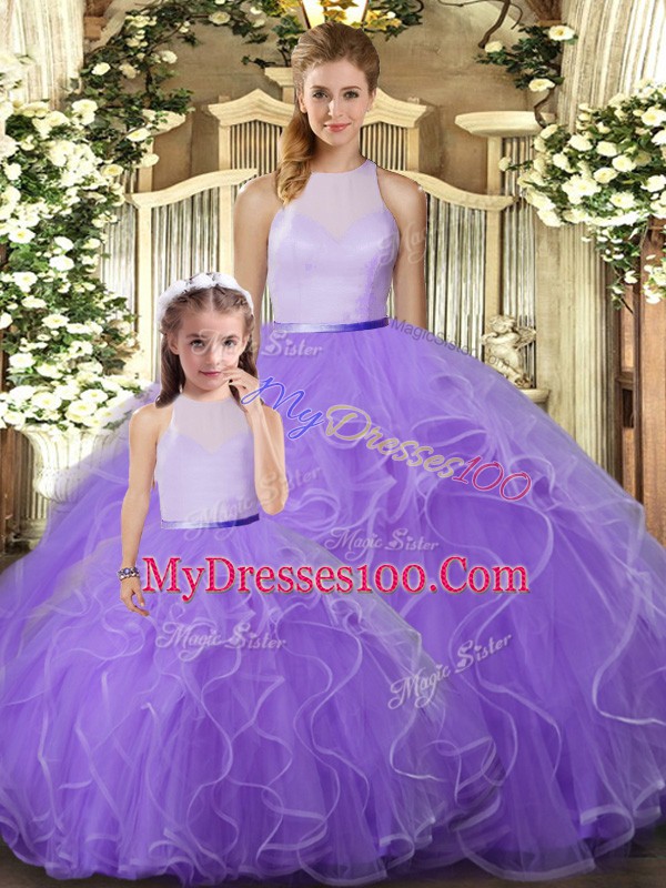 Lavender Backless Quinceanera Gowns Ruffles Sleeveless Floor Length