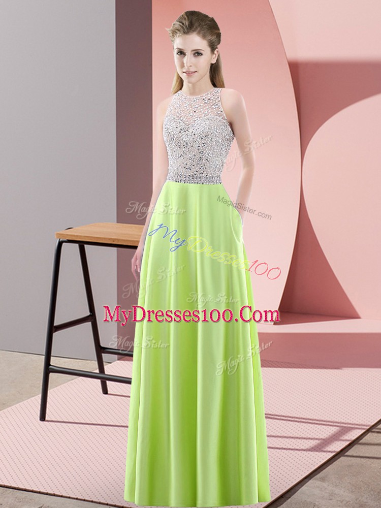 Floor Length Yellow Green Evening Dress Satin Sleeveless Beading