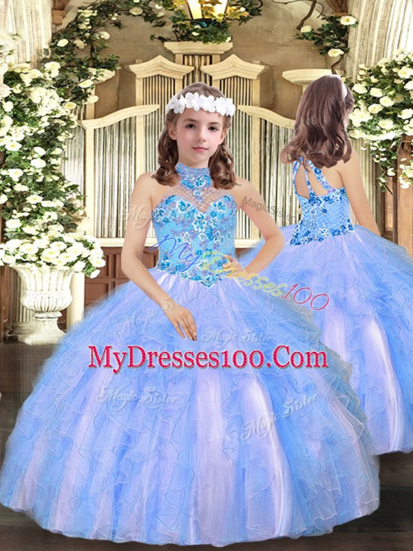 Blue Tulle Lace Up Halter Top Sleeveless Floor Length Little Girl Pageant Gowns Appliques and Ruffles