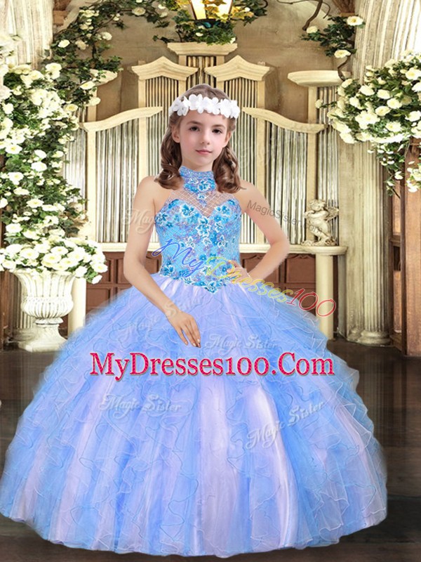 Blue Tulle Lace Up Halter Top Sleeveless Floor Length Little Girl Pageant Gowns Appliques and Ruffles